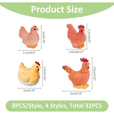 32 Pcs Mini Figurine de Poule en Résine Statue de Poulet Miniature Décoration de Jardin Féerique Micro Paysage Ornement pour DIY Paysage Plante Artisanat