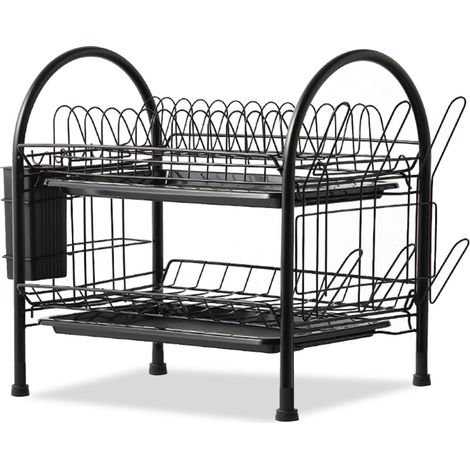 Égouttoir à vaisselle à 2 niveaux en acier avec plateau égouttoir amovible, porte-ustensiles et porte-tasses pour plan de travail de cuisine. (1/5)