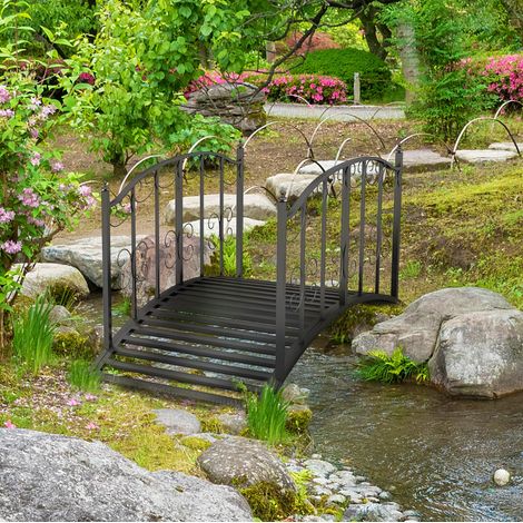 Puente de jardín de acero 119 cm con barandilla y motivo floral, negro OKMYHOME (1/5)