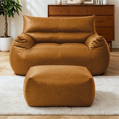 Fauteuil pouf double avec repose-pieds en tissu technique marron 135 x 100 x 75 cm OKWISH (1/5)