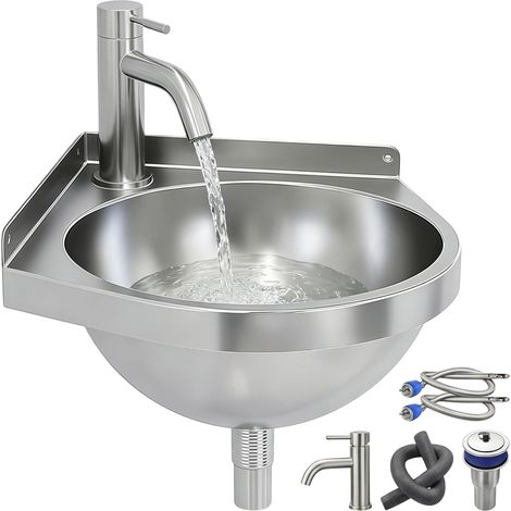 Fregadero de esquina de acero inoxidable con grifo Fregadero triangular, lavabo, fregadero mural para baño, autocaravana, barco, aseo, garaje (1/5)