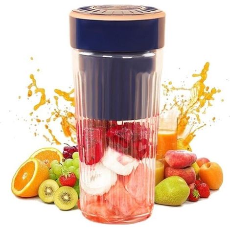 (navy blue)Portable, rechargeable citrus juicer, 300 ml, 6 blades, can crush ice, powerful, suitable for travel and fitness (1/5)