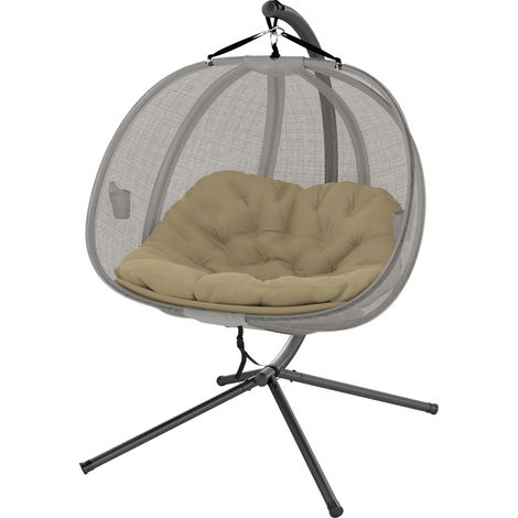 Double Hanging Egg Chair 2 Seaters Texteline Swing Hammock Chair with Stand, Cushion Folding Design, for Indoor Outdoor, Brown (1/5)
