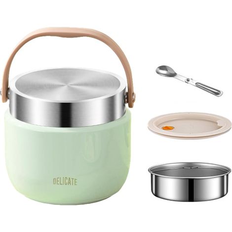 1200 ml Thermobehälter für warme Speisen, Edelstahl-Thermoskanne mit Griff, Speisebehälter mit Klapplöffel, ideal für Suppen, Nudeln, Reis (grün)