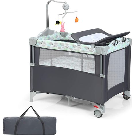 COSTWAY 4 in 1 klappbares Reisebett & Beistellbett & Wickeltisch & Laufstall rollbar, 2 Ebenen Babybett inkl. Spielbogen mit Spieluhr, Matratze, Wickelauflage, Windelaufbewahrung und Tragetasche