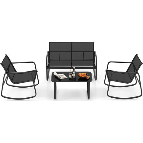 COSTWAY Muebles Jardin Exterior 4 Piezas, 2 Mecedoras y Sofá de 2 Plazas con Mesa con Tapa de Cristal, Mesa y Sillas Terraza, Conjunto Jardin Exterior Balcon