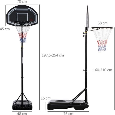 Canestro da basket da esterno regolabile 160-210 cm con ruote, nero DESVIAE (1/4)