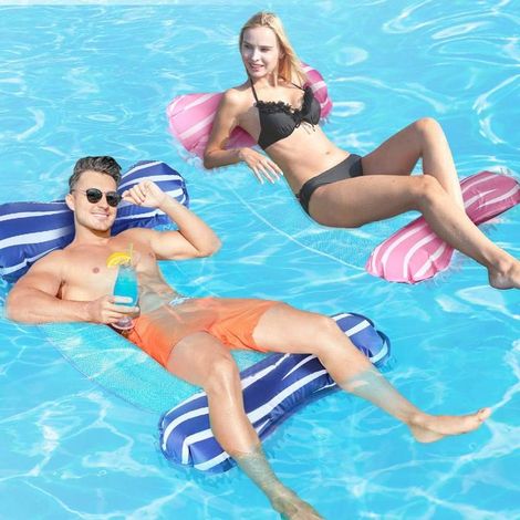 Hamac Gonflable Piscine, 4 en 1 Bouée Matelas Gonflable Chaise de Lit Flottant pour Adultes Jacuzzi Piscine Plage Summer Fun, Rose & Bleu (1/5)