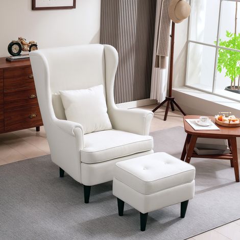 Sillón con Reposapiés Respaldo Alto Capitoné Patas de Madera Almohada Acolchada y Tapizado en Lino Beige (1/5)
