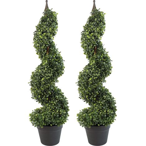 Pair of 90cm (3ft) Tall Artificial Boxwood Tower Trees Topiary Spiral Metal Top (1/5)