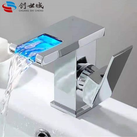 Factory direct supply of LED waterfall faucets, color-changing, square washbasin/bathroom vanity faucets, cross-border supply -- electroplated side-opening low style