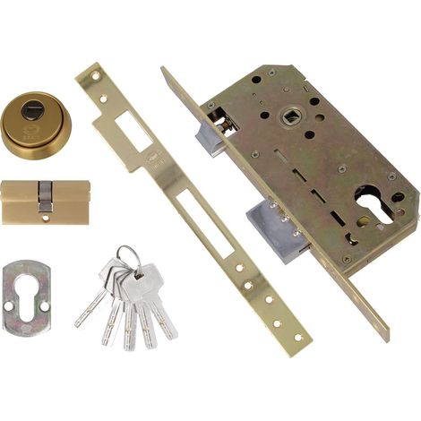 Serrure à encastrer Mod.200 avec cylindre de sécurité et bouclier + 5 clés  Pour portes en bois d'entrée, avec poignée réversible  Pour poignées de 8 mm  Acier laitonné (1/4)
