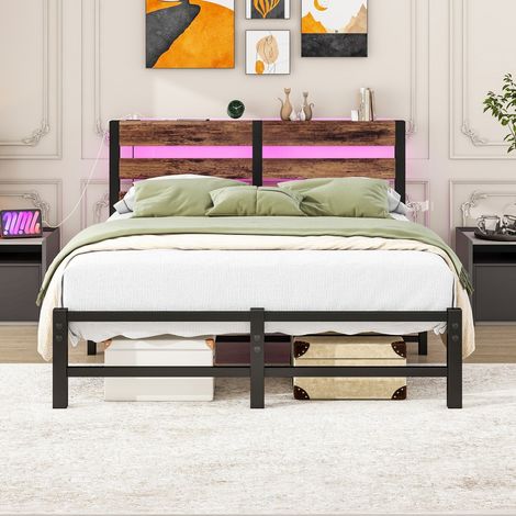 Lit métal avec éclairage LED-station chargement USB-rangement sous lit-pour chambre moderne-120x215x88cm-Sans Matelas (1/5)