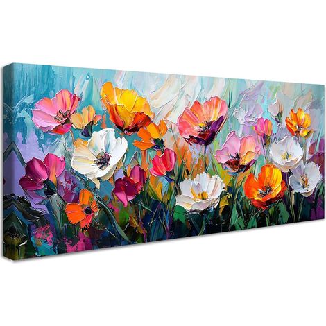 Cadre en Bois Impression sur Toile Fleurs Colorées Grande Tableau Peinture Affiche Decoration Murale Image sur Toile Abstrait Bontaniques Floral Tableau Decoration Murale Salon Chambre 50x120cm (1/5)