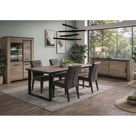 Salle à manger complète en bois chêne naturel – Buffet 220cm avec portes coulissantes – Table pour 6 chaises modernes – Style industriel