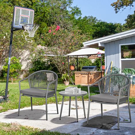 Set di 2 sedie e tavolino in rattan con cuscini imbottiti e piano in vetro per balcone o terrazzo, colore grigio. (1/5)