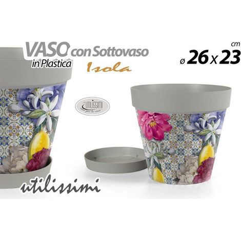 Vaso da Giardino con Sottovaso in Plastica Decoro Isola 26 x 23 cm (1/2)