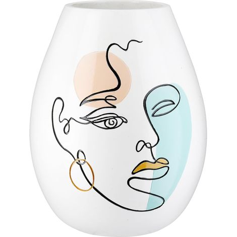 Vase bombé en résine synthétique Blanc Hauteur 28 cm x Ø 22 cm Motif Visage (1/4)