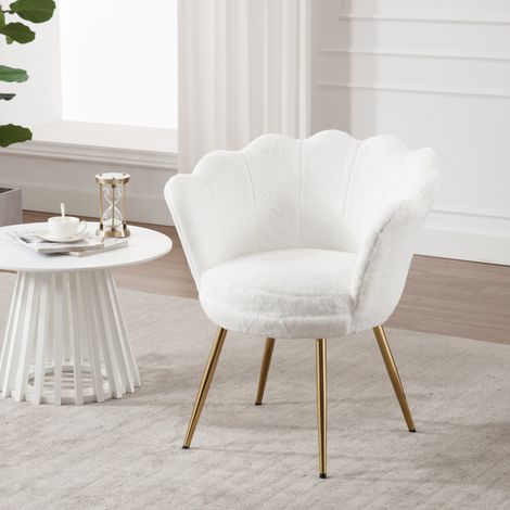 Wahson Fauteuil en Fausse Fourrure, Fauteuil de Salon Moderne Chaise Coquillage avec Pieds Métal Fauteuil Scandinave pour Chambre, Fausse Fourrure, Blanc