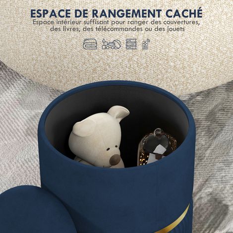 Pouf tabouret repose-pied coffre velours côtelé 36x36x44 cm salon chambre bleu