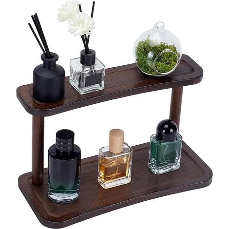 Étagère de rangement à 2 étages en bambou - Plan de travail - 12,6 x 5,5 x 7,5 cm - Organiseur de café - Étagère à épices - Plateau de maquillage - Marron - Présentoir pour coiffeuse, salle de (1/5)