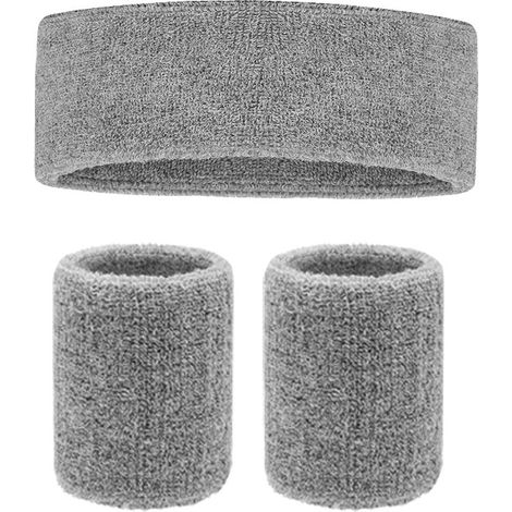 Ensemble d'entraînement 3 pièces comprenant des bracelets en coton doux et un bandeau sportif, idéal pour le fitness, la course à pied, le football et autres sports. Taille unique, élastique, gris. (1/5)