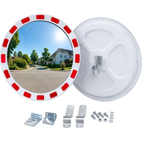 Relaxdays traffic mirror, 60 cm, pole bracket, reflective rim, outdoor, round safety mirror, white/red (1/5)