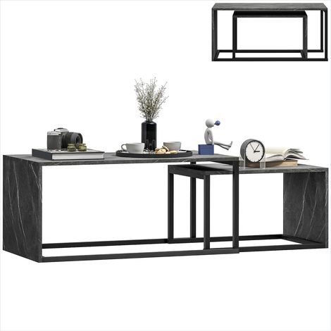 Table basse gigogne industriel 2 pièces effet marbre gris foncé et métal noir, grande 90x48x42 cm (1/5)