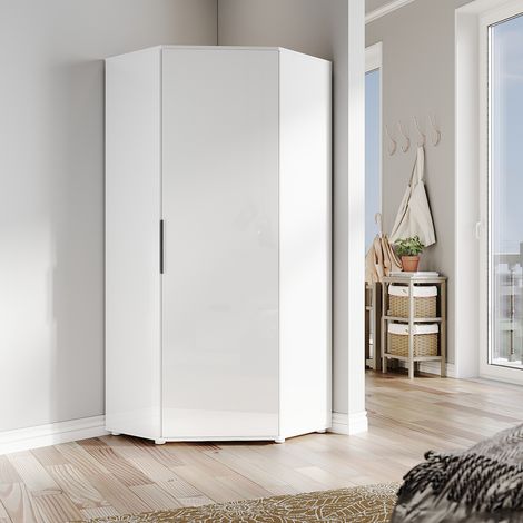 ELEGANT Corner Wardrobe Modern High Gloss Design & Matt White Corner Wardrobe with 2 Hanging Rails and 4 Storage Shelves, Space Saving Design, White