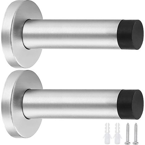 Butée de porte - butée de poignée de porte - butées de porte murales - Acier inoxydable robuste - amortisseur en caoutchouc - vis - chevilles - usage intérieur - protection murale - 2 pièces - argent (1/5)