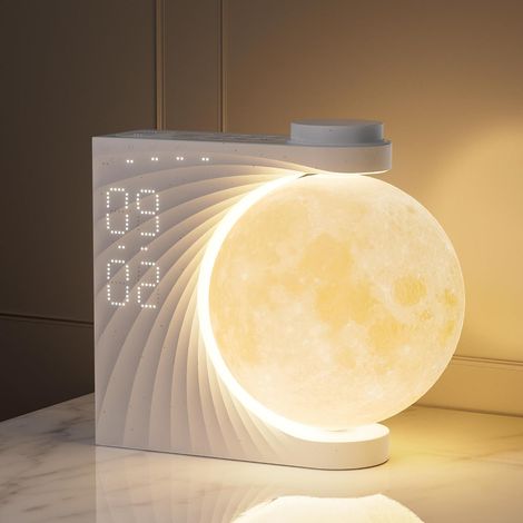 Lámpara de luna con despertador de luz diurna, 2 despertadores, 8 colores RGB, 10 sonidos naturales, luz nocturna de 3 niveles, lámpara de noche para dormitorio de mujer, niña o niño [Clase energética