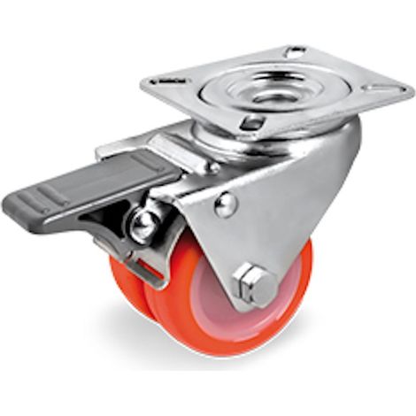 Roulette JUMELÉE pivotante à frein diamètre 50 mm polyuréthane ROUGE - 140 Kg