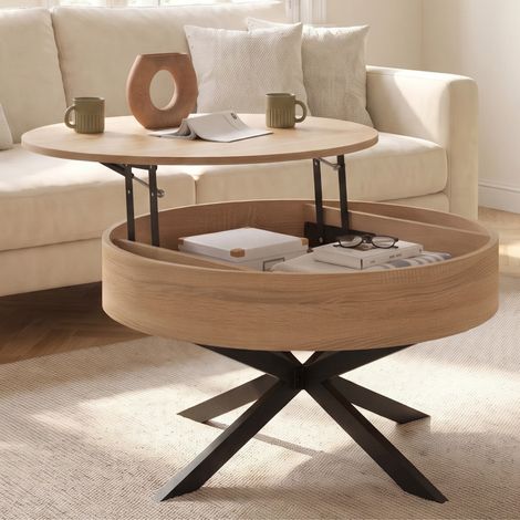 ALIX Mesa de centro redonda elevable de 70 cm con patas de madera y araña negra (1/5)