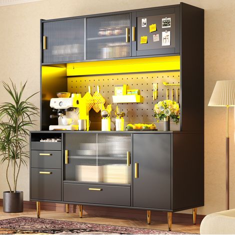 Buffet de cuisine 140x40x180 cm avec LED, porte magnétique et portes coulissantes en verre, MDF noir (1/5)