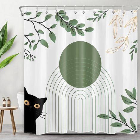 Moderne Milieu du siècle Rideaux de Douche 180x180cm Feuille rayée Vert Chat Noir Rideaux de Bain avec Crochets,Art Abstrait Imperméable Polyester Anti Moule Salle de Bain Décor (1/5)