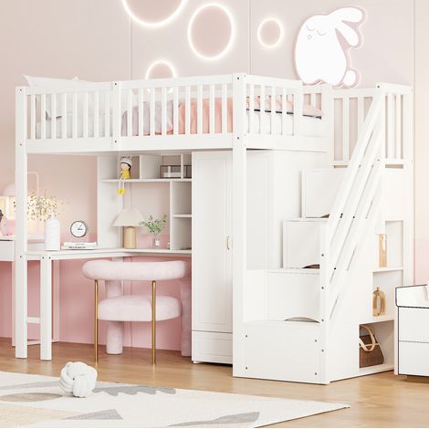 Cama alta de madera maciza blanca 90x200 cm con armario, escritorio, estantería y escalera con cajones (1/5)