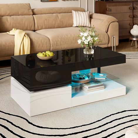 Table basse LED 90 x 45 x 35,5 cm, étagère en verre et contrôle Bluetooth, en panneaux de particules, salon, noir et blanc brillant (1/5)