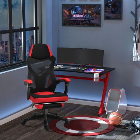 Vinsetto Ergonomischer Bürostuhl, Gaming Stuhl, Drehstuhl mit Fußstütze, PC Stuhl, Chefsessel, höhenverstellbar, Polyester, Schwarz+Rot,58 x 63 x 112-122 cm
