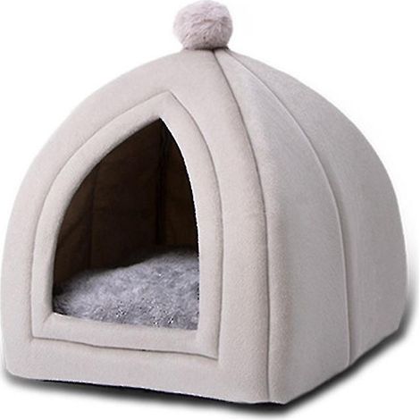Niche-lit pour animaux de compagnie, semi-fermée, en forme de grotte, avec coussin amovible - Gris clair - Taille L (1/4)