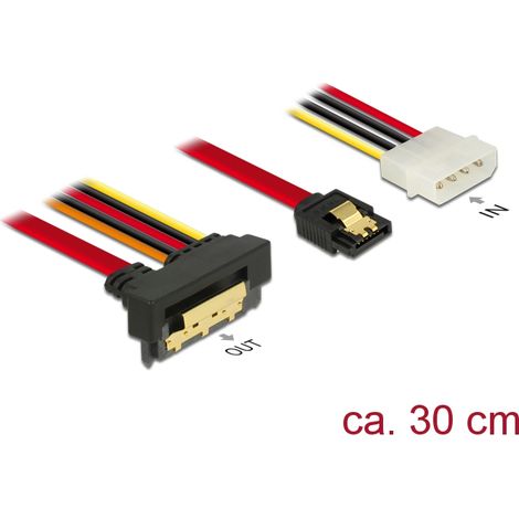 Delock Cable SATA de 6 Gb/s hembra de 7 contactos + Enchufe de alimentación de 4 contactos Molex SATA curvado hacia abajo, hembra, metálico de 22 c