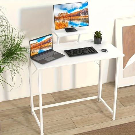 Bureau avec Support d’Écran et Plateau Bois Pliant - Table d’Étude pour Adolescent Structure Métallique Stable - Dimensions 80x45x75 cm (Idéal Bureau Maison/Chambre Ado/Espace Travail) (1/5)