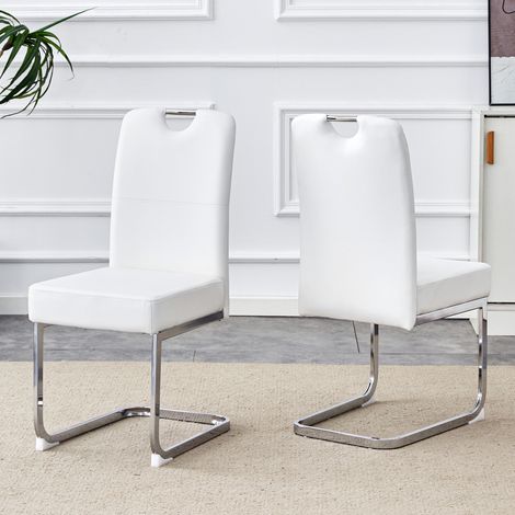 Lot de 2 chaises en cuir PU, dossier haut ergonomique, base métal en U, chaises de bureau et salle à manger, style moderne – Blanc (1/5)