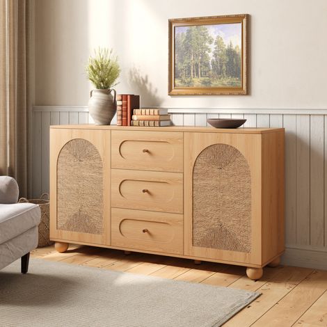 Credenza 140x40x80 cm con 2 ante in corda e 3 cassetti, contenitore organizzato, piedini sferici in legno naturale