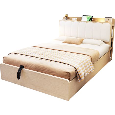 Cama con Almacenaje 2 Plazas con USB y Luz Nocturna, 140 x 200 cm, sin Colchón, Madera Natural (1/5)