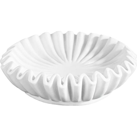Bol Décoratif - 1 Pièce - Résine Style Marbre - Bordures Striées Volants - Salon Jardin Table Basse - Blanc 15x5cm (1/5)