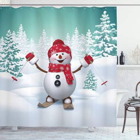 Cortina de ducha navideña con abetos y muñecos de nieve esquiando, tela para baño (1/2)