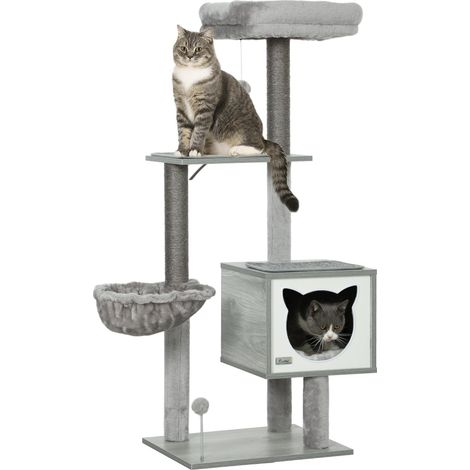 Arbre à chat griffoirs grattoirs multi-équipements niche hamac peluche courte sisal naturel 48x40x126cm gris