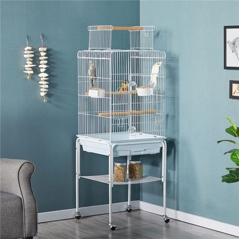 Yaheetech – Volière grande cage à oiseaux 52 x 79 x 131 cm – 4 roulettes – 3 perchoirs – 2 portes verticales – Espacement des barres 15mm