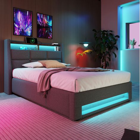 FLORAGRACE Lit rembourré 90x200 cm en tissu gris avec LED, USB, coffre de rangement (1/5)