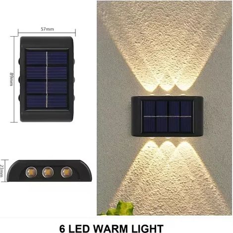 (4PCS-6LED-WARM)Lampe solaire d'extérieur pour jardin, ampoule solaire, lampe murale solaire, projecteur solaire rechargeable avec éclairage vers le haut et vers le bas (1/5)